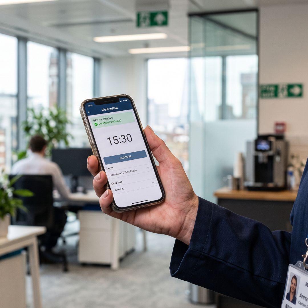 Cleaner clocking in on the GPS-verified app at a London office